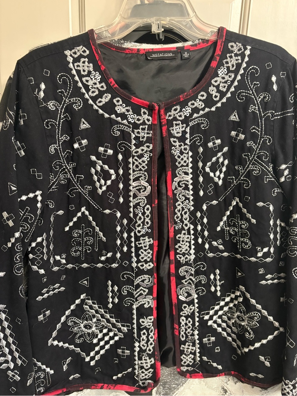Notations Black Open-Front Embroidered Jacket with Red Trim